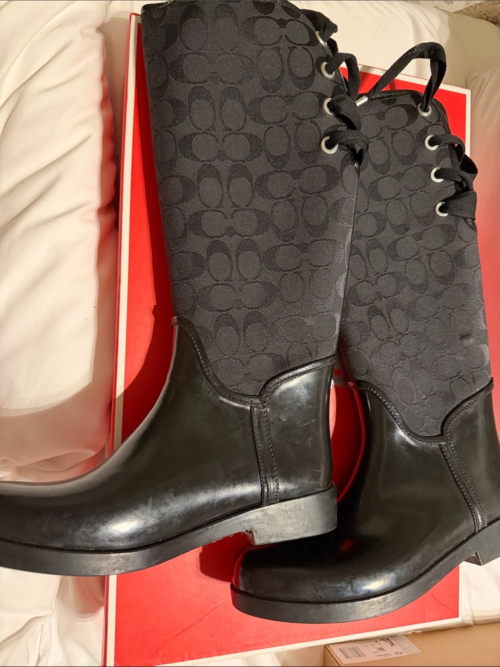 Coach Black Lace-Up Signature Pattern Rain Boots